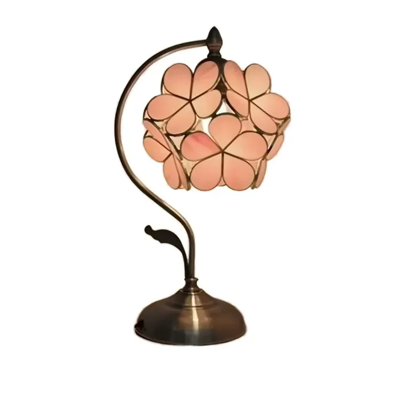Vintage Chinese Style Brass Table Lamp with Pink Floral Glass Shade Modern Creative Desk Light for Bedroom Dining Room Home