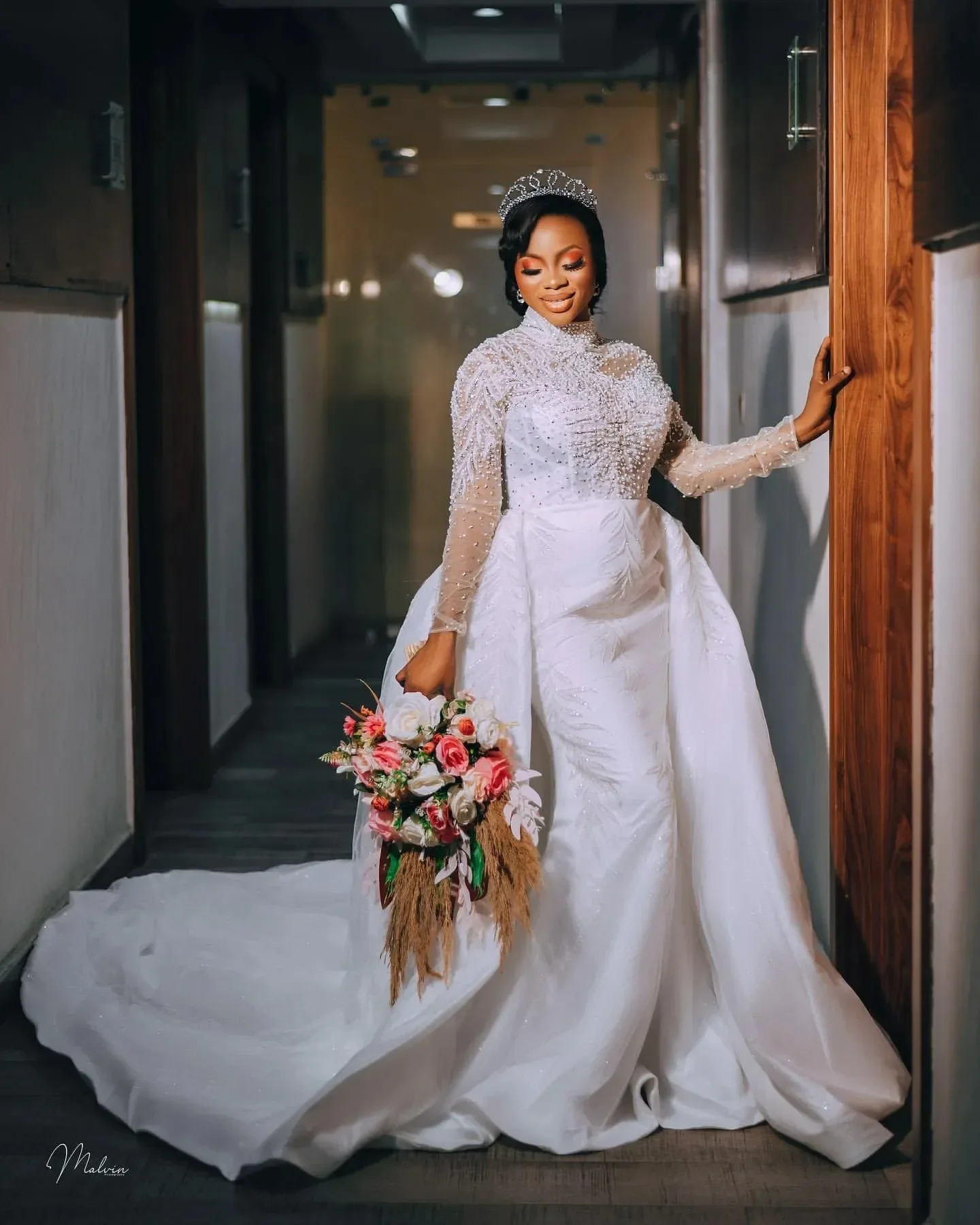 Customized  High Neck Shinny Crystals Beads Wedding Dress  With Removable Skirt Long Sleeve Arabic Aso Ebi  Bridal Gowns