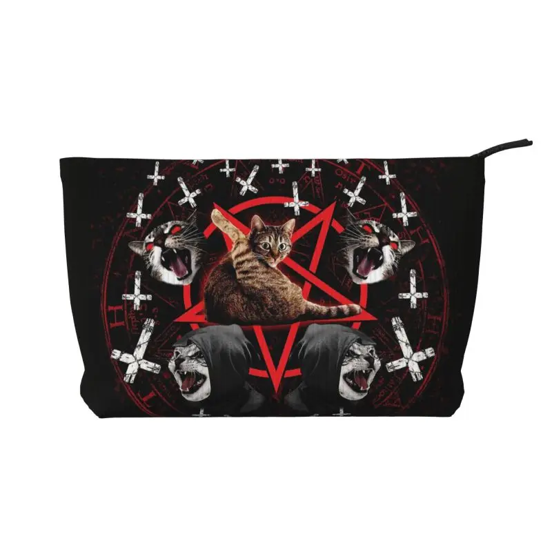 Pentagram Satanic Cats Death Black Metal Travel Toiletry Bag Corduroy Cosmetic Bags Makeup Organizer Women Durable Storage Box