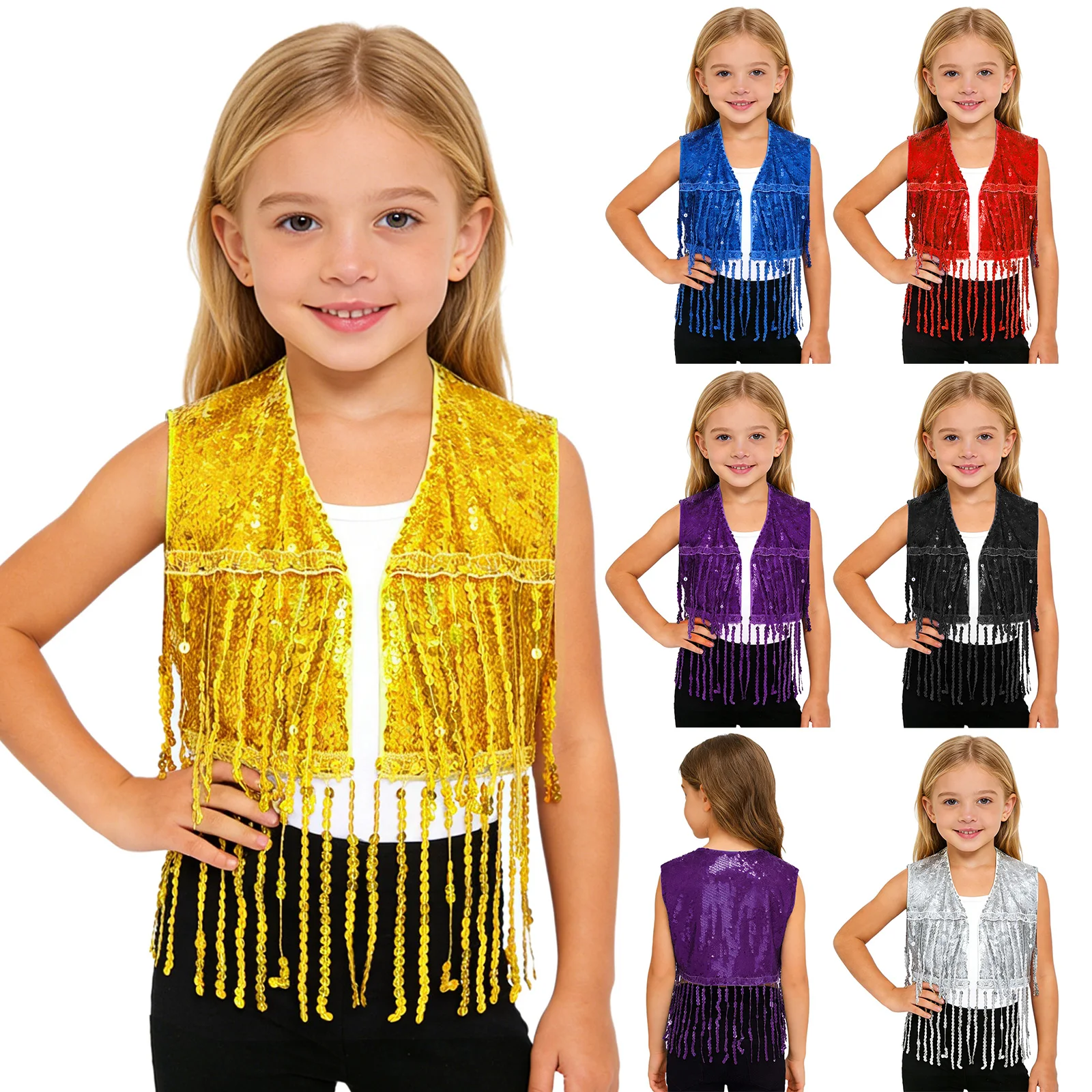 Kids Girls Sequins Tassel Vest Sleeveless Open Front Fringed Crop Top Waistcoat for Latin Jazz Dance Performance Competition
