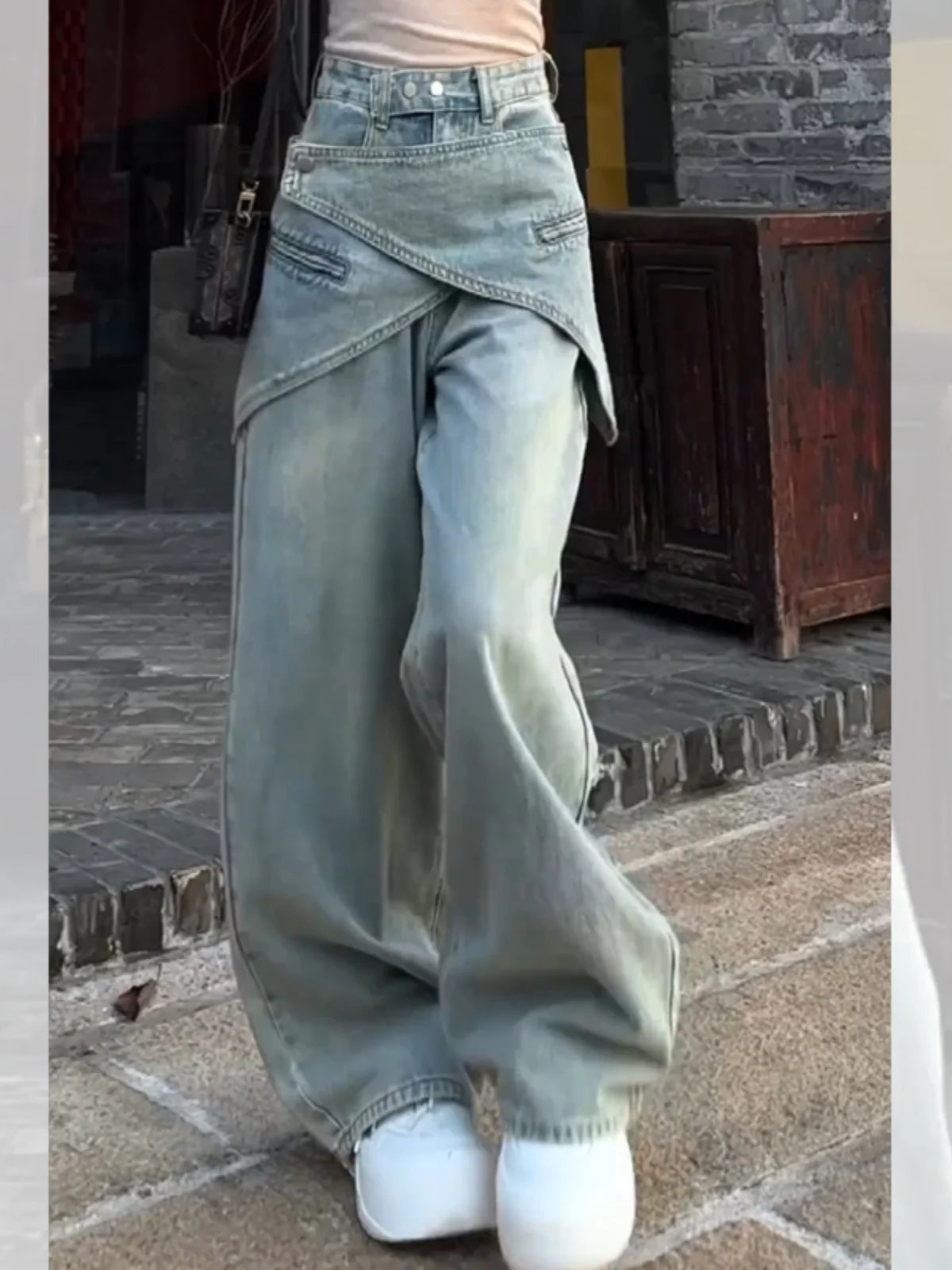 High Waist Detachable Waist Seal Vintage Street Style Women's Jeans Straight Leg Pants Casual Summer Blue Denim Ladies Fashion