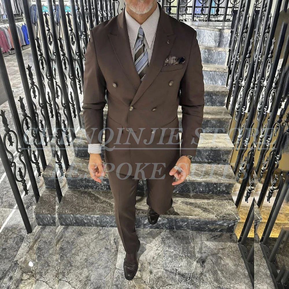 

SILIWEYA Luxury Brown Men's Suits High Quality Solid Color Peak Lapel Skinny 2 Piece Jacket Pants Formal Wedding Male Clothing