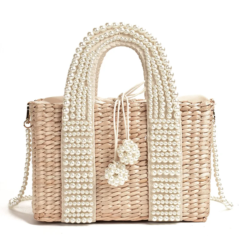 Sommer Strand Stroh Tasche Große Tote Körbe Design Perlen Wicker Woven Schulter Taschen Luxus Mode Perlen Rattan Frauen Handtaschen