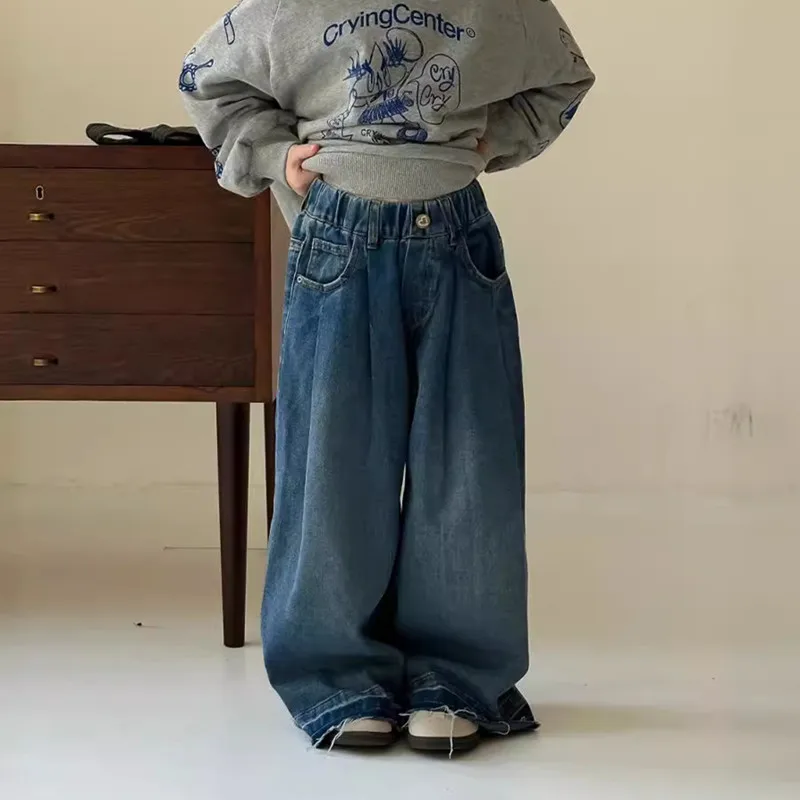 2024 Autumn New Kids Baby Clothes solid color denim Wide Leg Pants Girls casual loose straight jeans