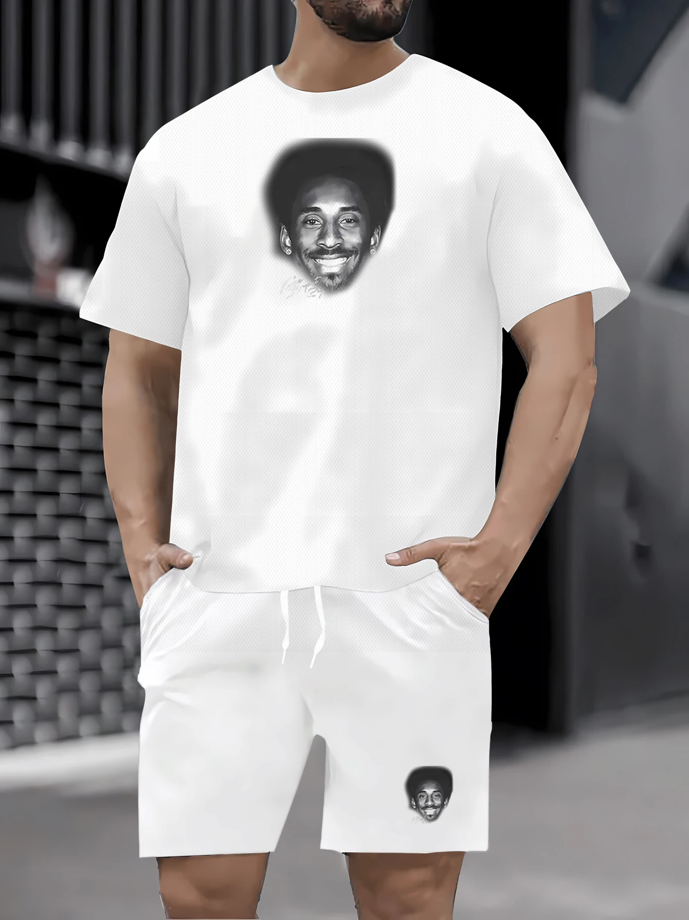 Summer new men's casual two-piece round neck short sleeved T-shirt and drawstring shorts knitted outdoor sportswear