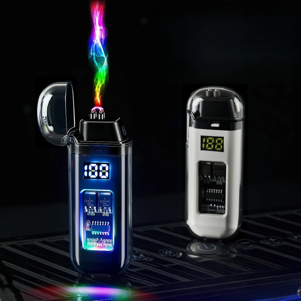 Transparent Shell Waterproof and Windproof Outdoor Dual Arc Lighter with Battery Display and USB Electronic Cigarette Lighter