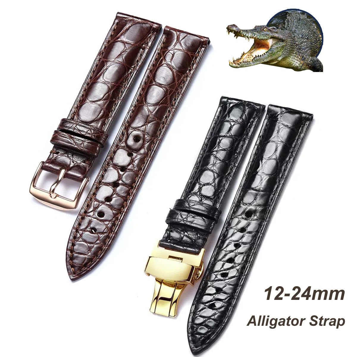 Luxury Crocodile Skin Watch Strap Bracelet 12-24mm Alligator Genuine Leather Men Women Needle Butterfly Buckle Watch Band Belt