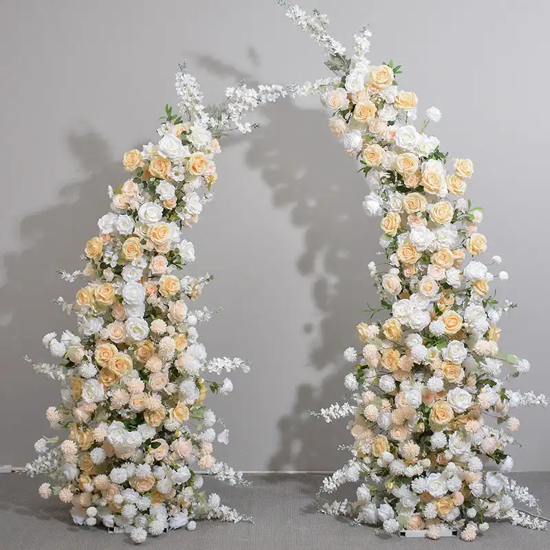 Custom series Yellow and white rose green leaves artificial mixed flower corner arch wedding background decoration stage setting