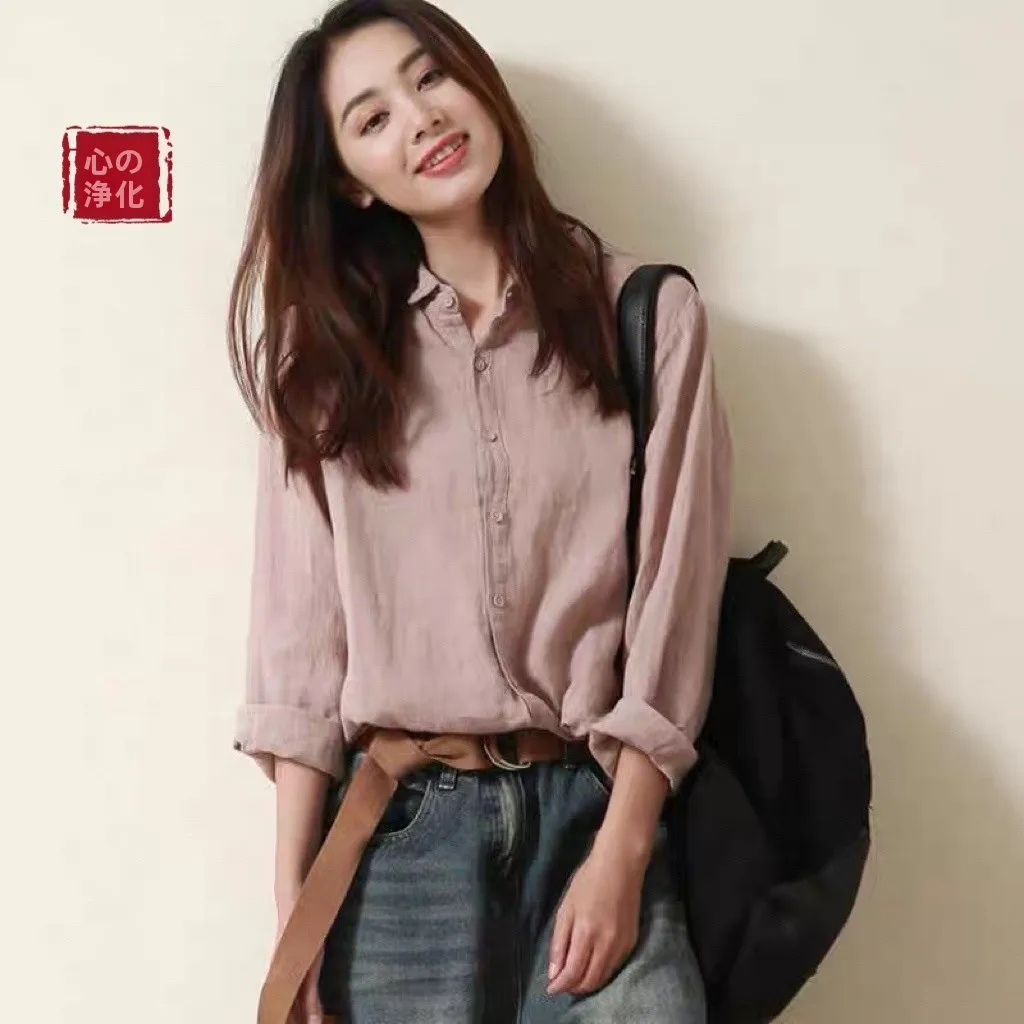Spring Original Cotton Linen Women's Shirt Korean Style Versatile Outerwear Artistic Retro Loose Top Single Button Coat