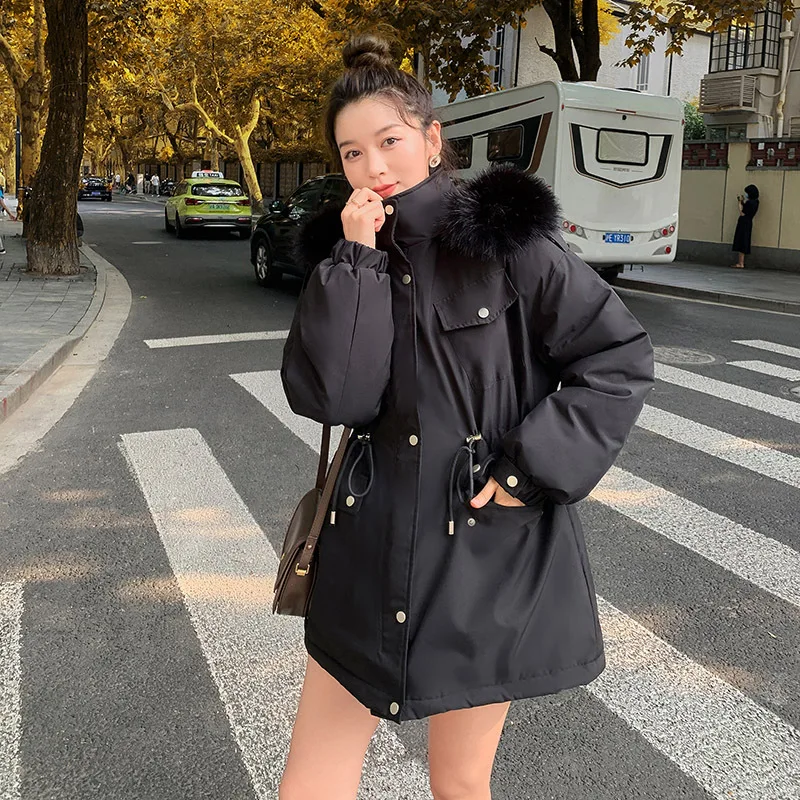 

Parkas Shiny Womens Winter Waist-Cinching Lapel Climbing Elegant Padded Cotton Grid Elastic Slim-Fitting Tied Cotton-Padded Girl