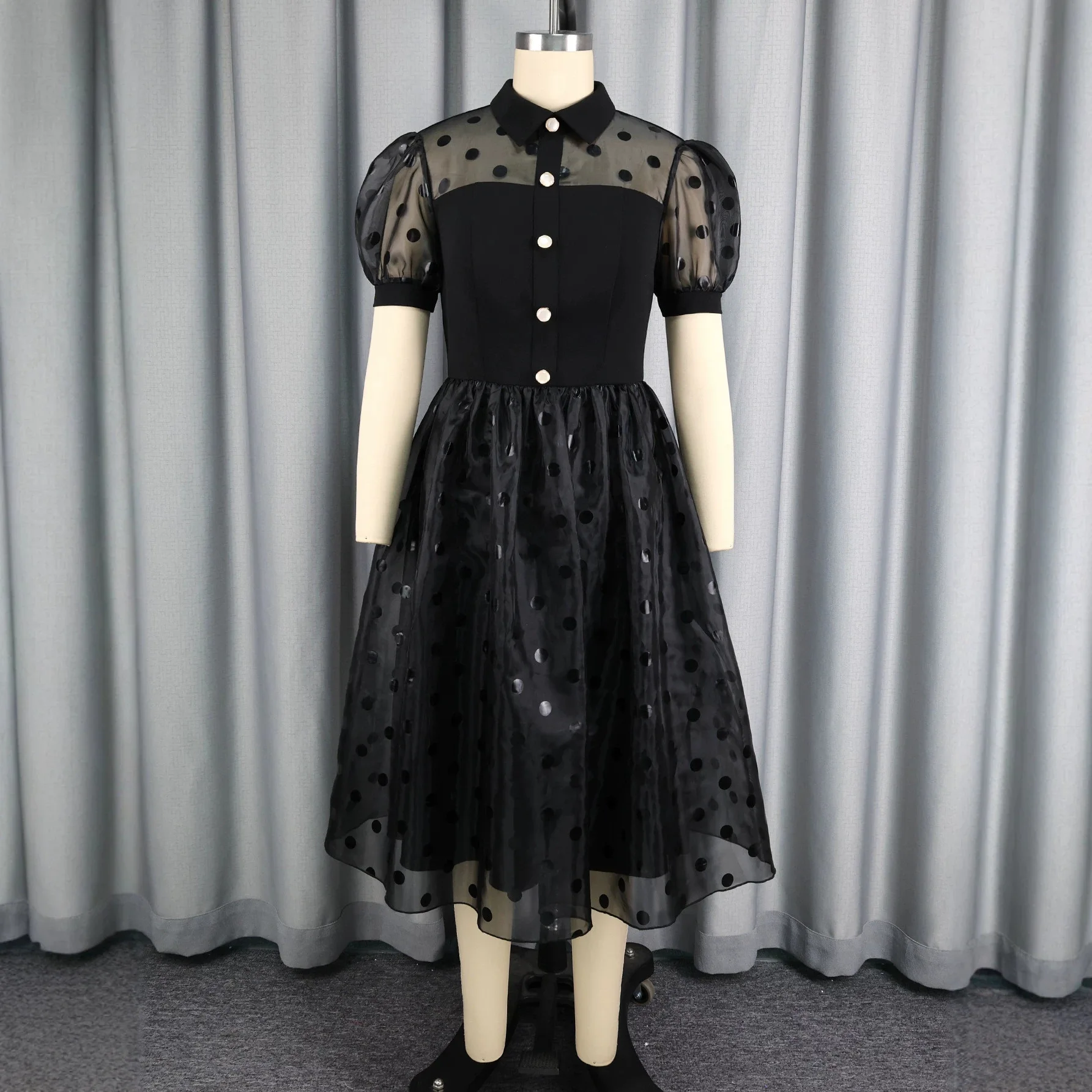 African Women A Line Dresses Sheer Lapel Collar Short Puff Sleeves Patchwork Pot Mesh Hem Church Wedding Office Causal Wear