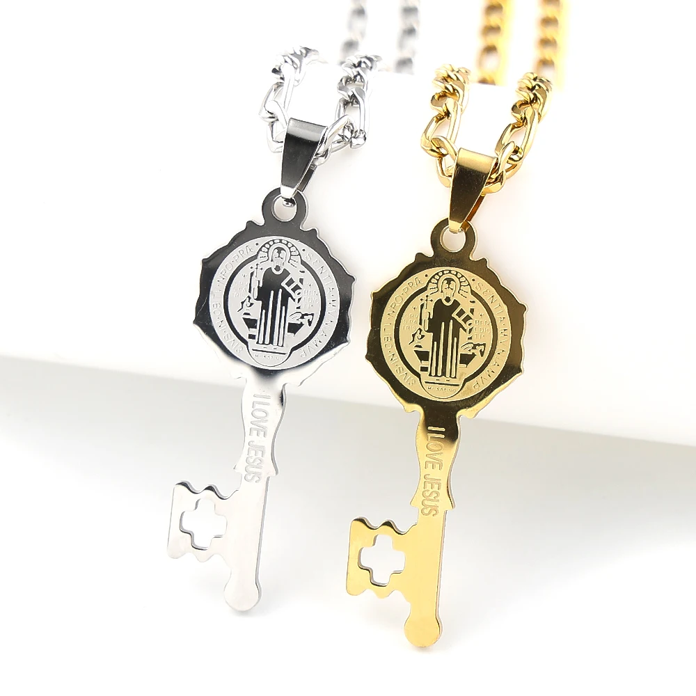 Catholic Saint Benedict Medal Key Shaped Pendant Necklace Stainless Steel I LOVE JESUS San Benito Chain Amulet Jewelry Gift