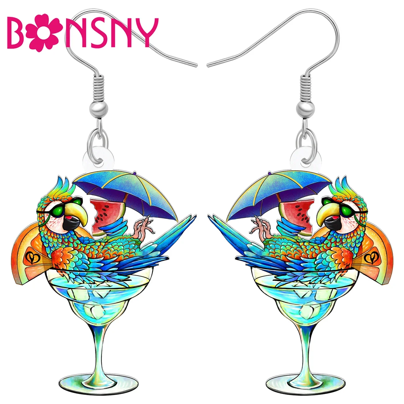 BONSNY Acrylic Sweet Hawaii Wine Cup Parrot Earrings Funny Bird Drop Dangle Jewelry Gifts Accessories For Women Girls