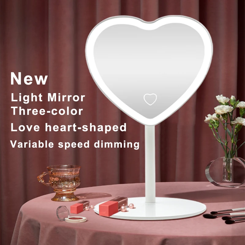 

Led heart shape vanity mirror intelligent adjustable three-color light vanity mirror desktop fill light mirror touch charging