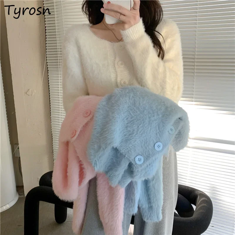 Women Solid Knitted Cardigans Soft Fluffy Spring Autumn Kawaii Chic Sweaters Korean Style All Match Elegant Tender New Fashion