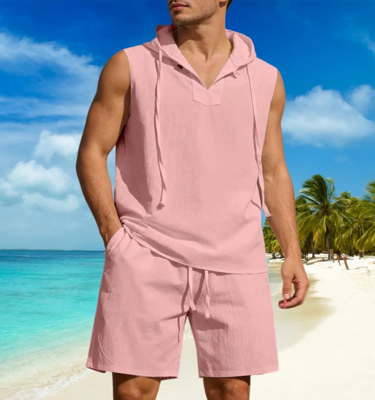 Summer new men's casual hooded pullover and shorts beach set, comfortable and fashionable sports pullover and shorts set
