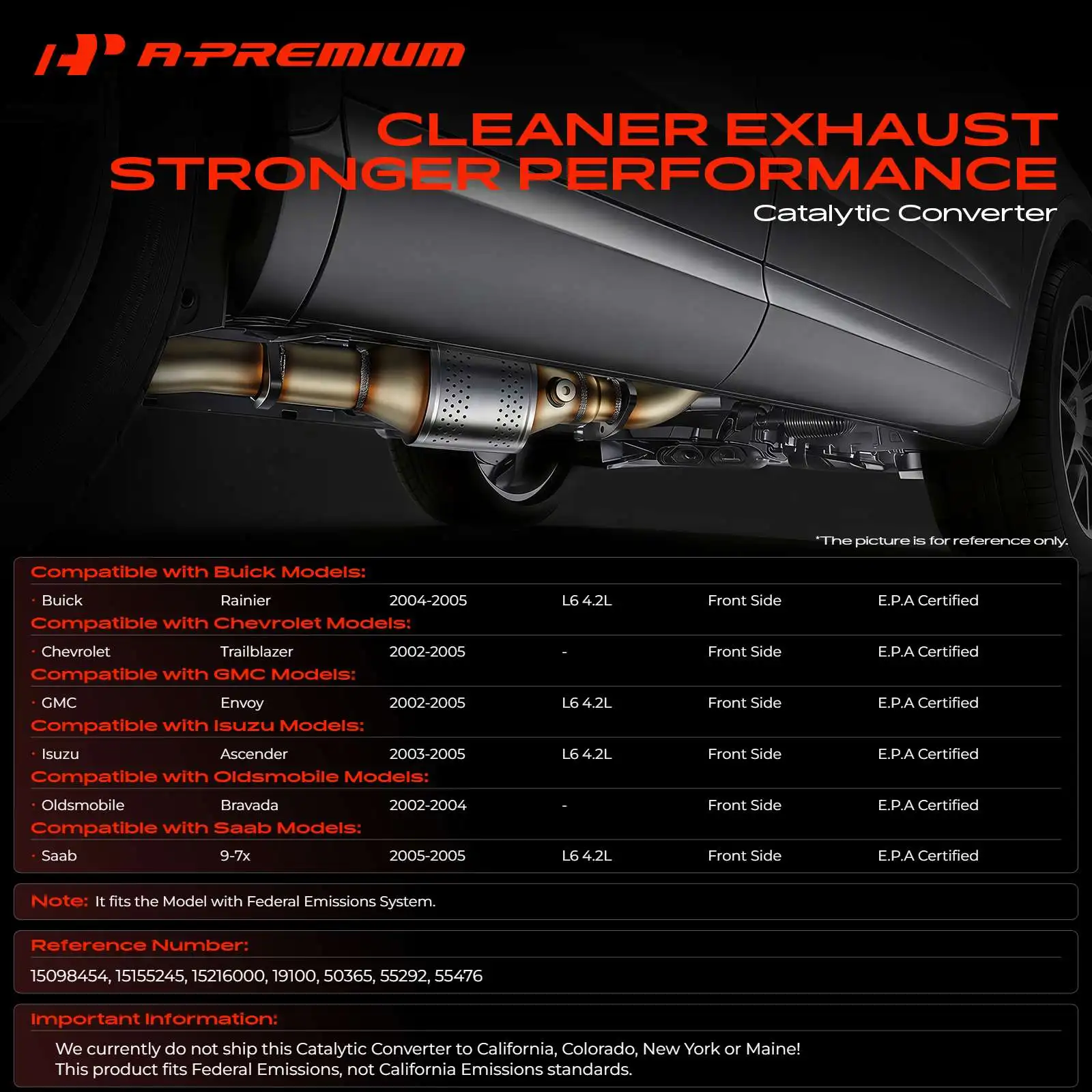A-Premium Center Catalytic Converter for Gmc Envoy 2002-2005 Saab 9-7X 2005 Buick Rainier 2004-2005 Isuzu Ascender 2003-2005