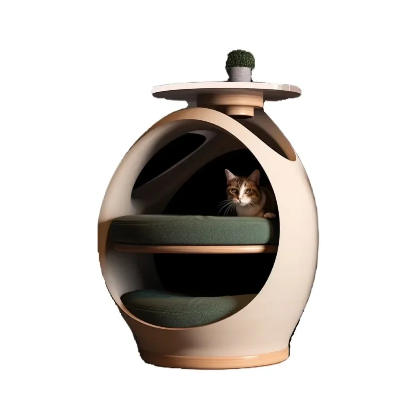 The bedside table keeps the cat's nest warm in winter and is universal in all seasons. The semi-closed coffee table shares