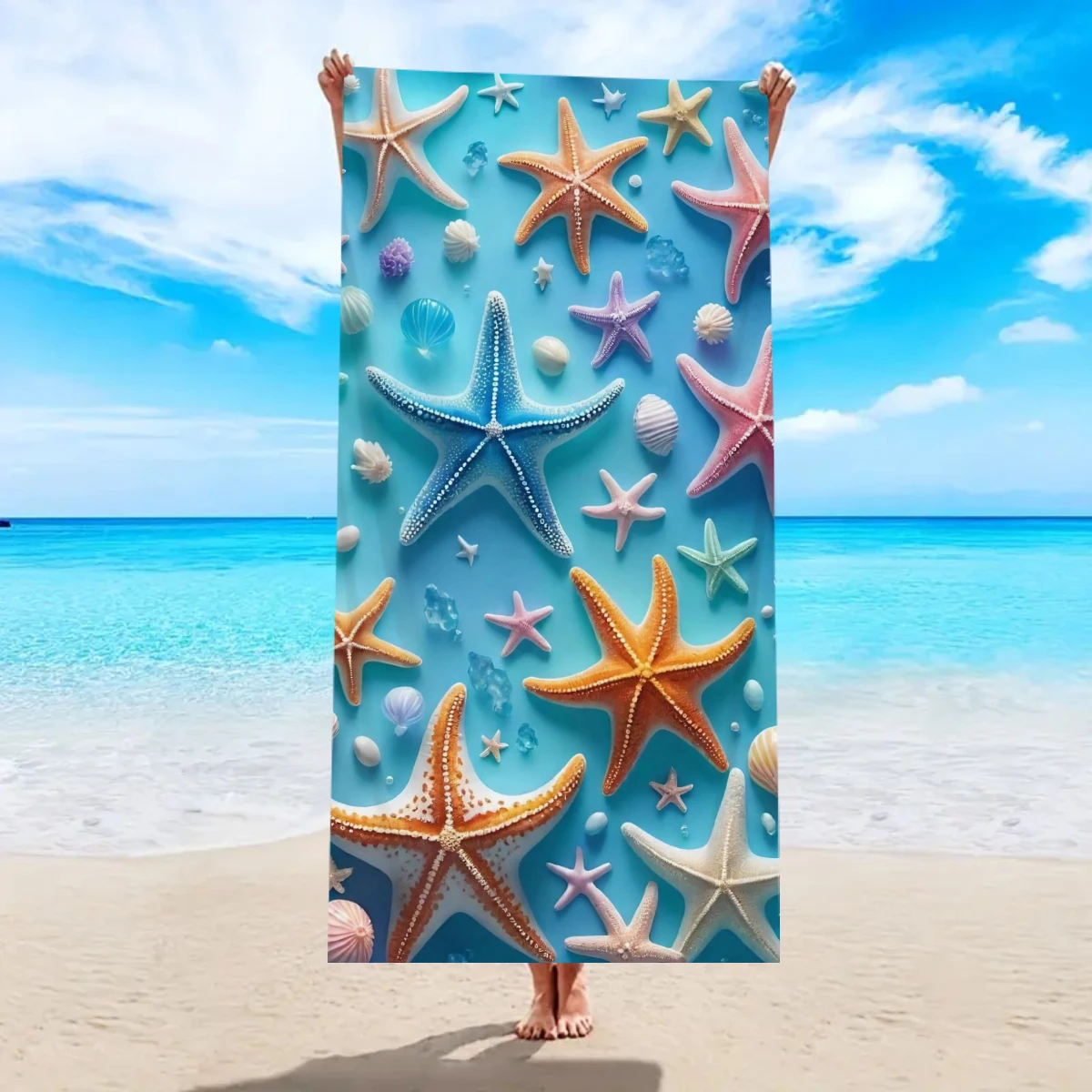 Starfish Seashell Print Microfiber Beach Towel Quick Dry Absorbent Soft Towel for Swimming Yoga Travel Camping