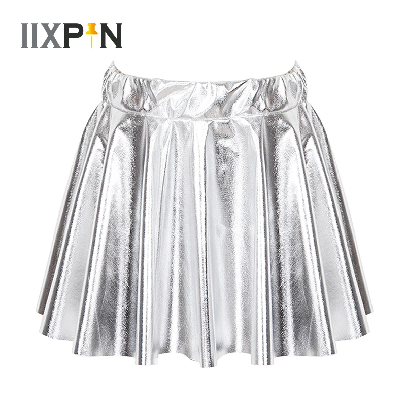 

Kids Girls Dance Skirt Shiny Bronzing Cloth Style Pleated Mini Short Skirts For Ballet Jazz Dancing Stage Performance Party