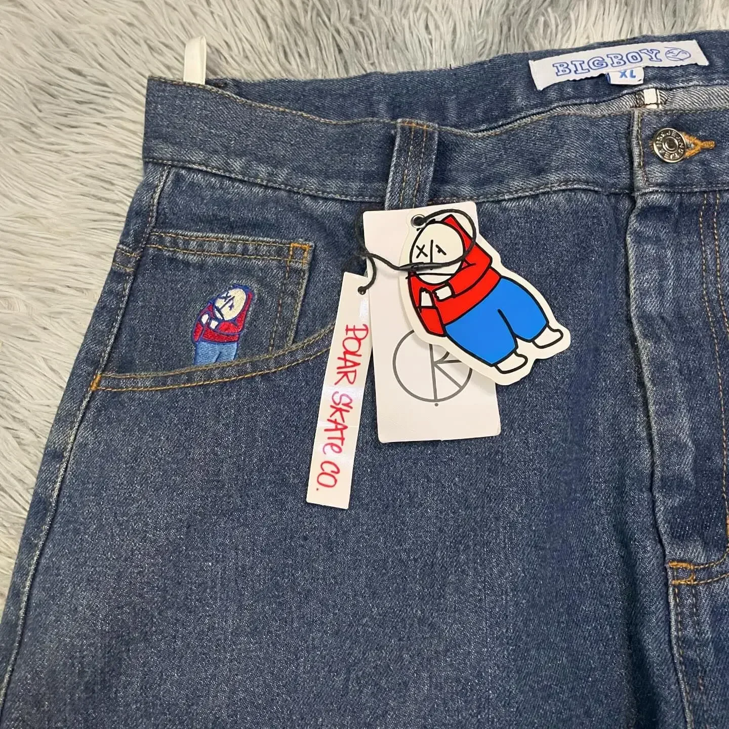 Jeans retrô azul baggy para homens e mulheres, calça Y2K, hip hop, streetwear dos desenhos animados, menino grande polar, bordado, cintura alta, calças largas