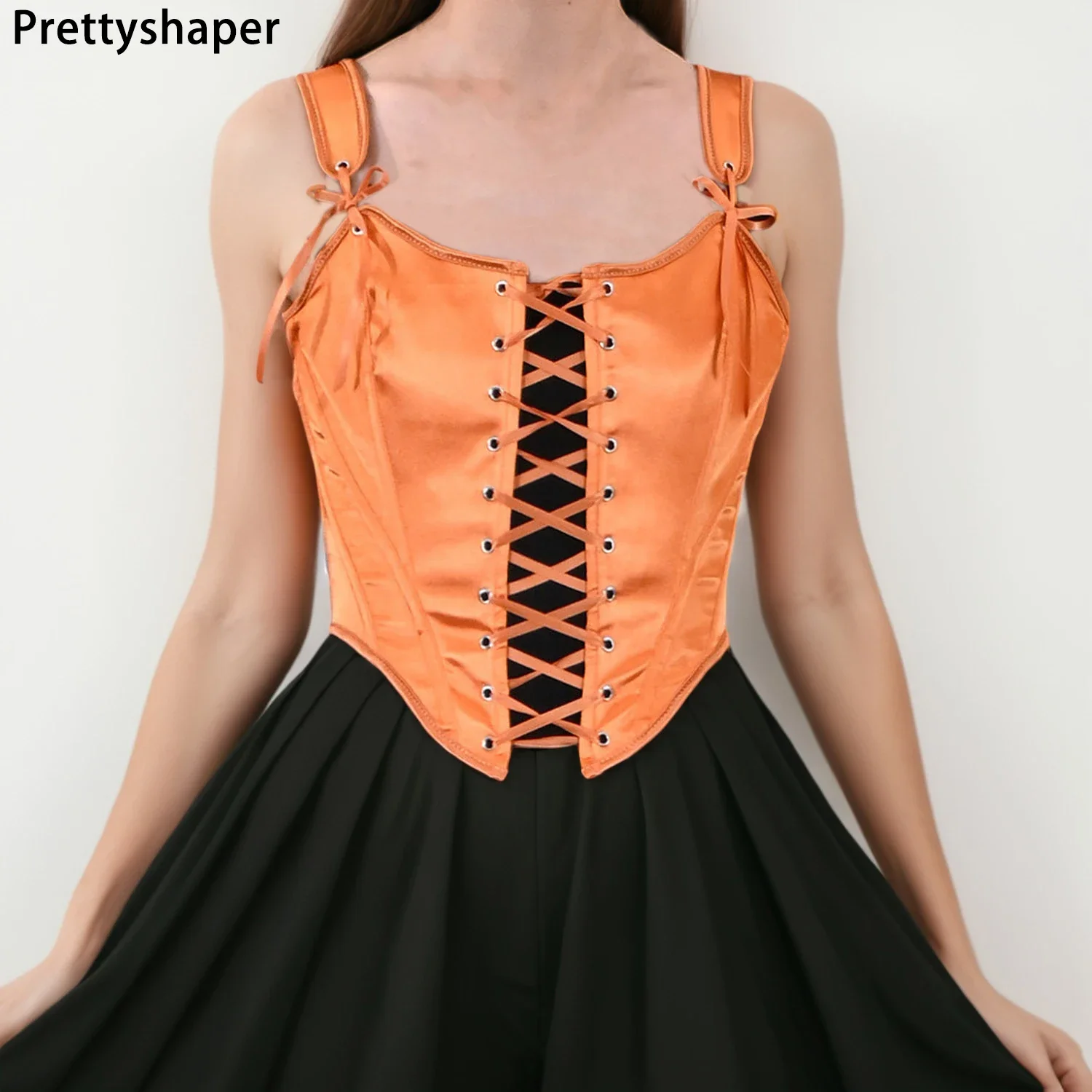 Women Vintage Overbust Corset Bustier Lace Up Boned Light Orange Crop Top Bodice Stage Performance Outfit