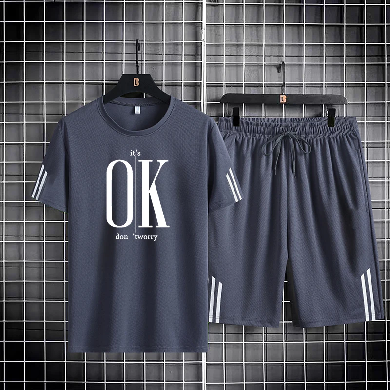 M-5XL OK 패턴 반팔 반바지 세트, 빠른 건조, 통기성, 패셔너블한 스포츠 세트, 남성용 야외 달리기, 여름