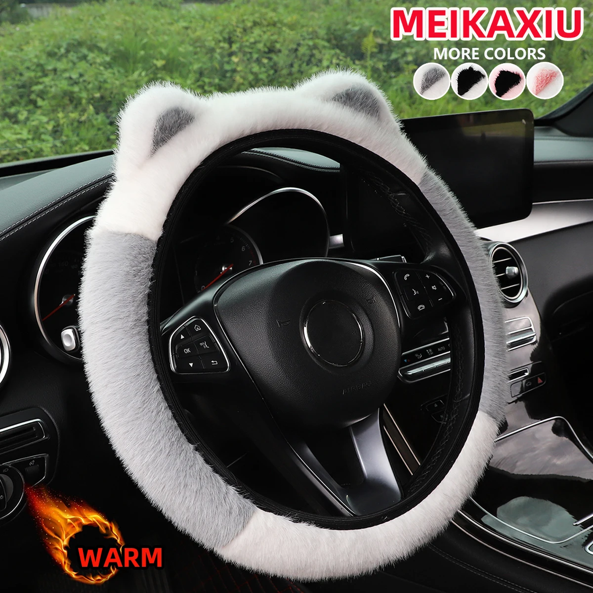 Winterlicher Kunstfell-Lenkradbezug aus Nerzimitat mit Plüsch-Katzenohren, ohne Innenring, passend für 14-15 Zoll Lenkräder, Auto-Innenausstattung – Detail 9