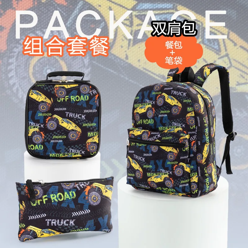 Boys Backpack 3 Piece Set Primary School Student School Bag Insulated Lunch Bag and Pencil Case Car Print