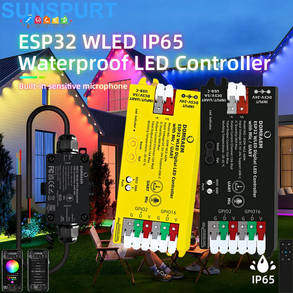 

Наружный водонепроницаемый ESP32 WLED цифровой светодиодный контроллер микрофона IP65 15A предохранитель RCP WS2811/2/3/5 PWM 5IN1 Alexa/HA/MQTT приложение удаленный RGB IC