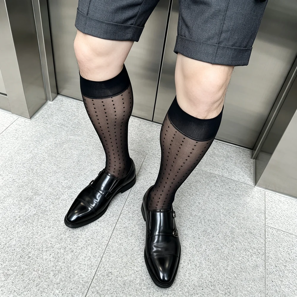 Men's Sheer Polka Dot Socks Breathable Nylon Business Dress Socks Formal Office Suit Shorts Socks Non-Slip Silk Stockings
