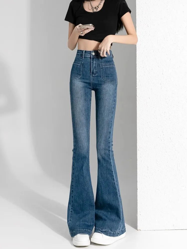 Retro High Waist Stretchy Micro Flared Denim Jeans Women's Spring Autumn New Style Slimming Small Size  Hoof Pants