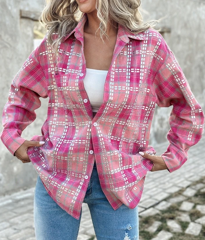 

Woman Blouse 2024 Spring Fashion Plaid Print Turn-Down Collar Long Sleeve Casual Button Daily Shirt Top