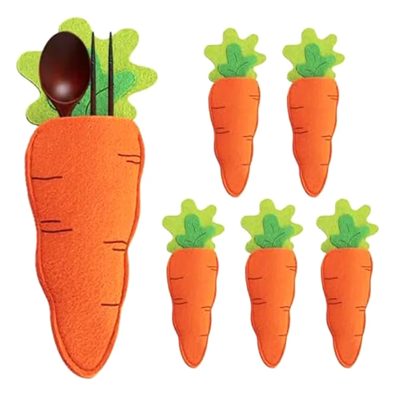 AT44-6Pcs Easter Tableware Utensil Holder,Carrot Knifes And Fork Bag Dining Room Table Decor,Easter Table Decoration For Fork Du