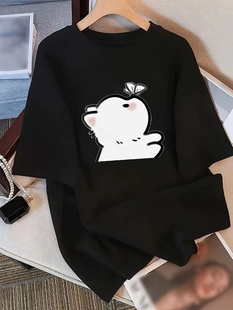 Unisex Cute Cartoon Cat Butterfly Graphic T‑Shirt Simple Doodle Animal Print Short Sleeve Crew Neck Casual Daily Tee Top