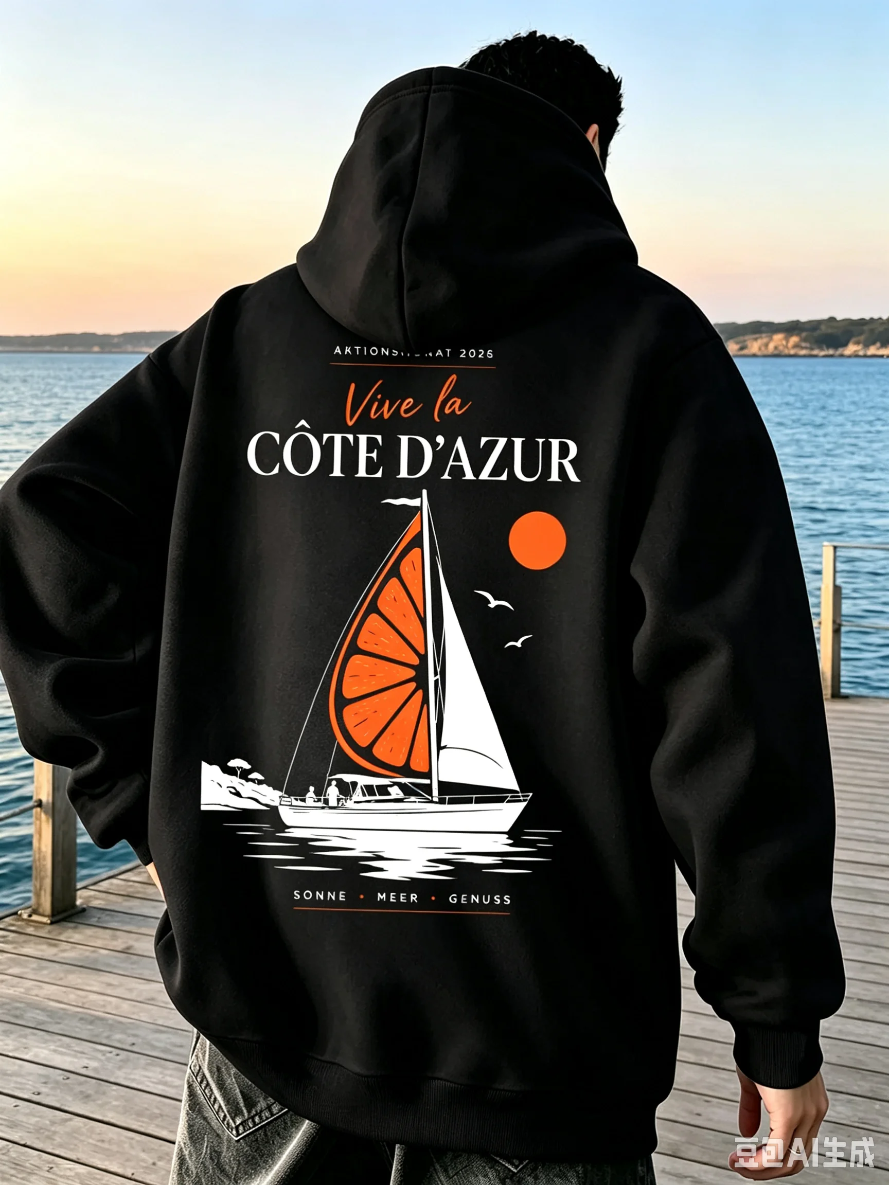 Men's Retro Hoodie French Riviera-inspired Print, Autumn/winter Fleece Loose Fit, Versatile and Comfortable Hooded Sweatshirt.