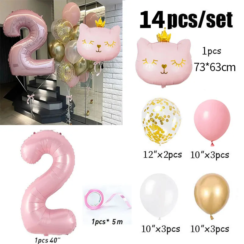 Globos de aluminio con número de corona de gato rosa para niños y niñas, decoración de fiesta de feliz cumpleaños, suministros para 1, 2, 3, 4, 5, 6, 7, 8, 9 años, 14 piezas, 40 pulgadas