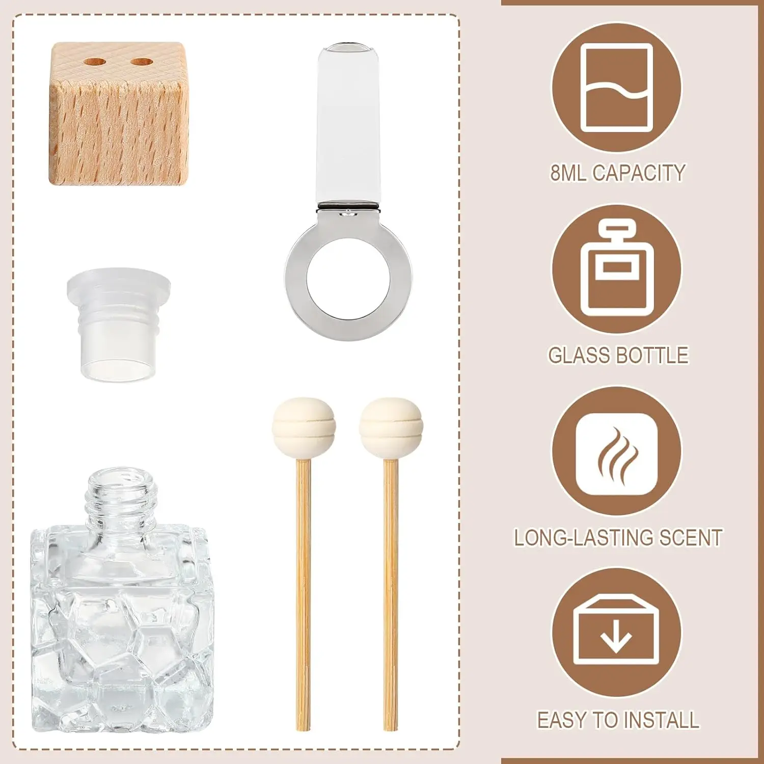 15er-Pack Auto-Lufterfrischer-Diffusor mit Lüftungsclip, Auto-Diffusor, leere Glasflasche für ätherische Öle/Parfüm mit Holzverschluss und Stäbchen – Detail 3