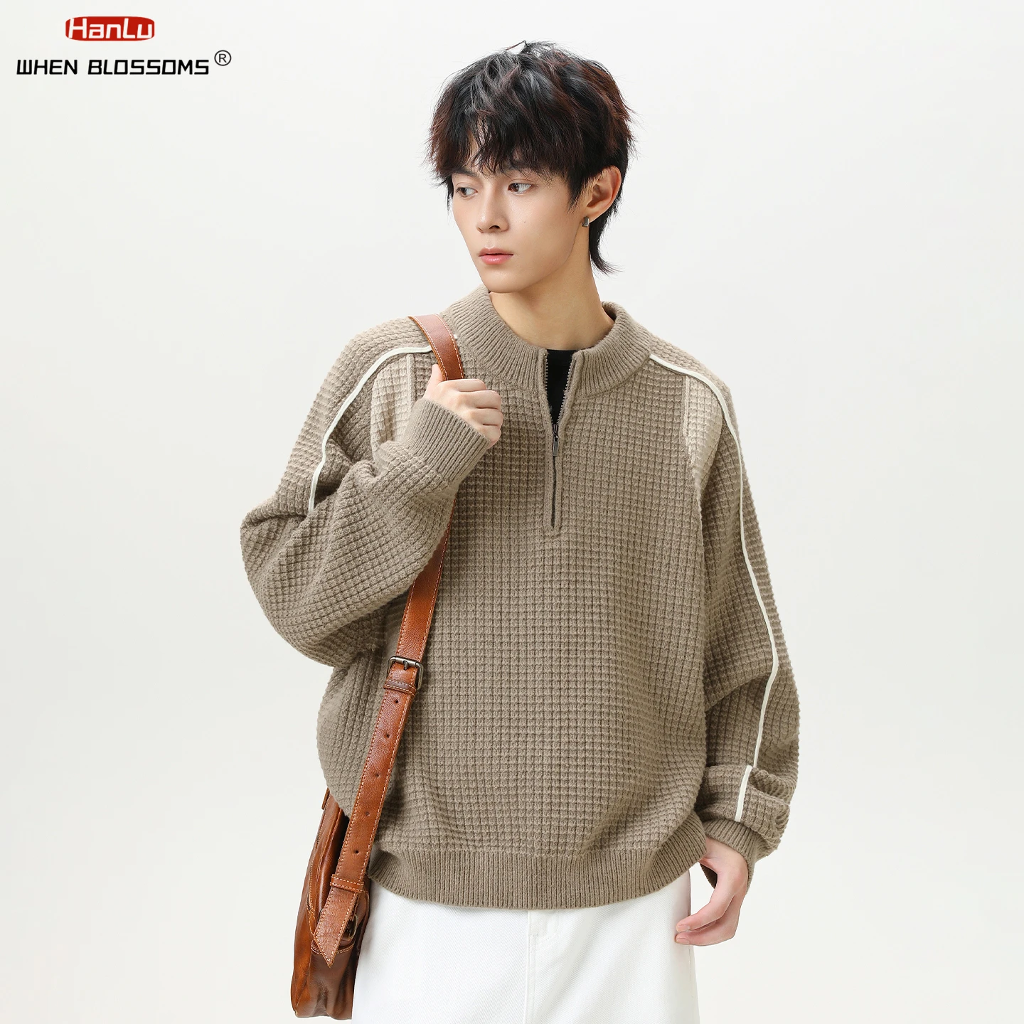 Hanlu 2025 Unisex Color Block Pullover Half Zip Mid-Collar Sweater Couple Grid Texture Warm Knitwear Winter Coat