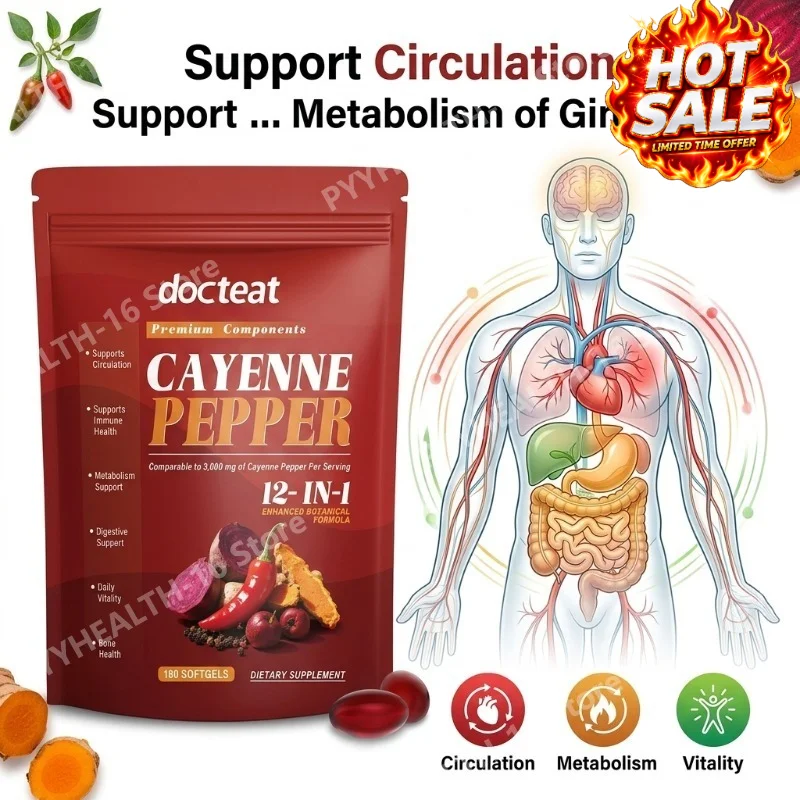 Cayenne Pepper Softgels Support Circulation Metabolism & Daily Vitality with Black Pepper Extract Berberine Curcumin 180 Count