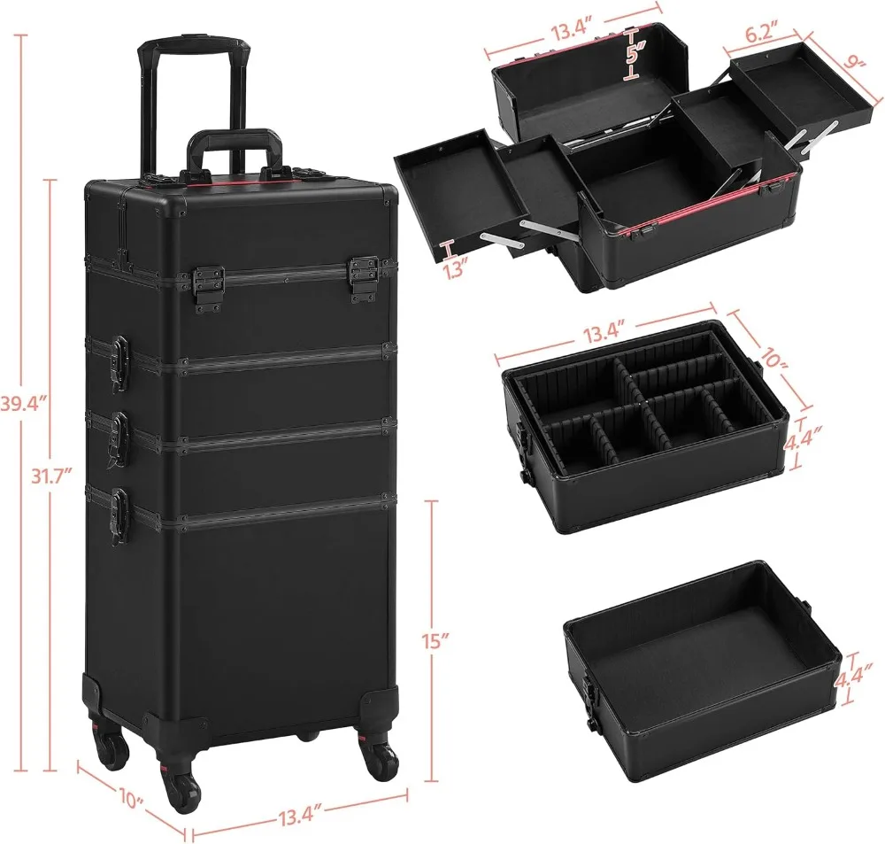 4-in-1 Rolling Makeup Train Case, Lockable Black Cosmetology Cart with Detachable Tiers & Accordion Trays for Organized Beauty Supplies view 3