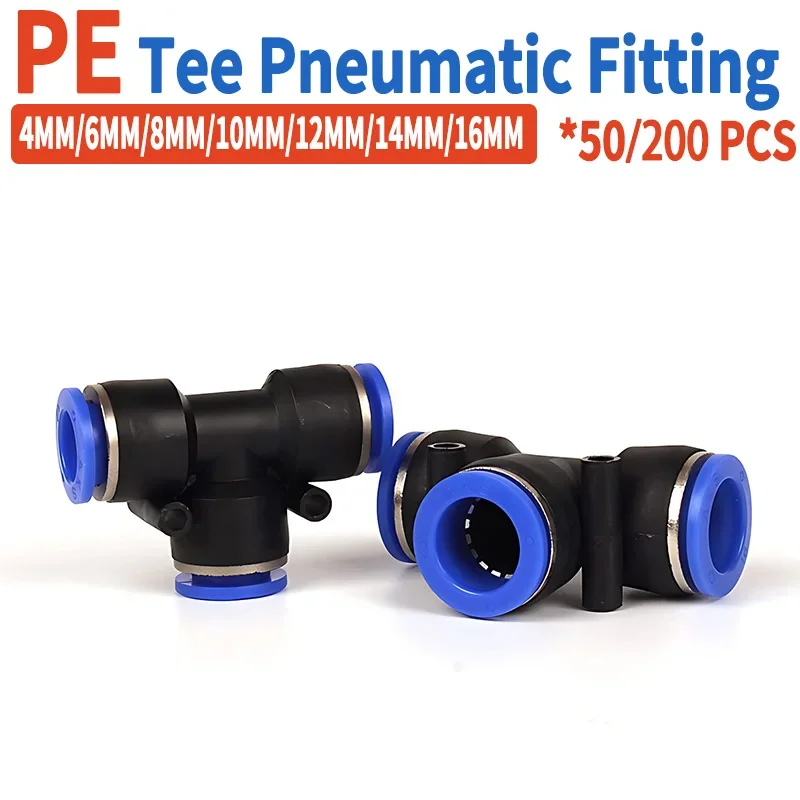 

50/200 PCS PE Pneumatic Fittings 4/6/8/10/12/14/16mm Quick Connect Slip Lock Tee, 3-Way Plastic Air Water Hose Tube Connector