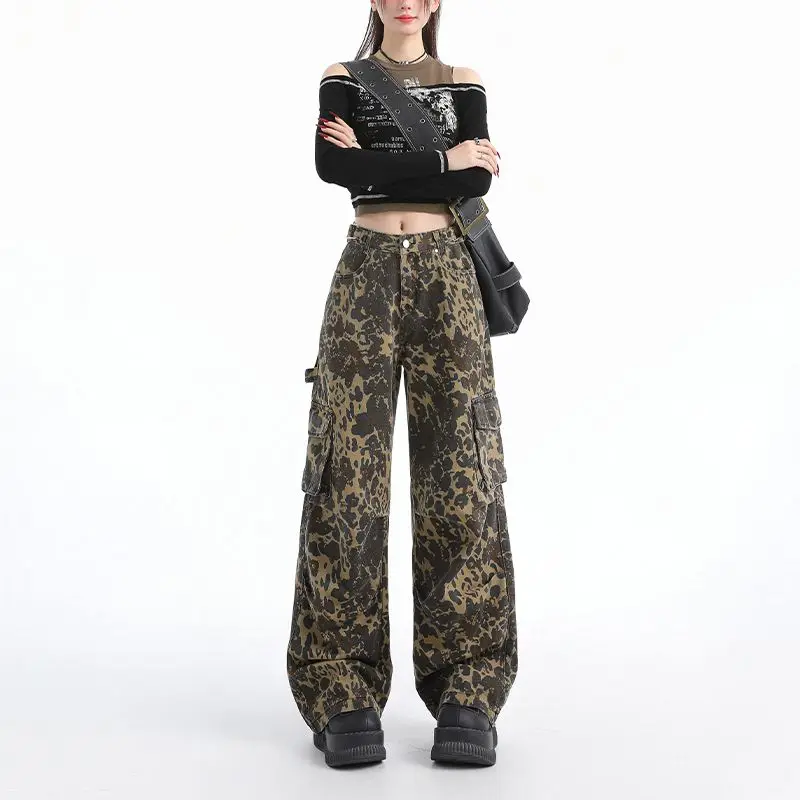 High street leopardo impresso jeans feminino solto ajuste streetwear senhoras novas calças y2k