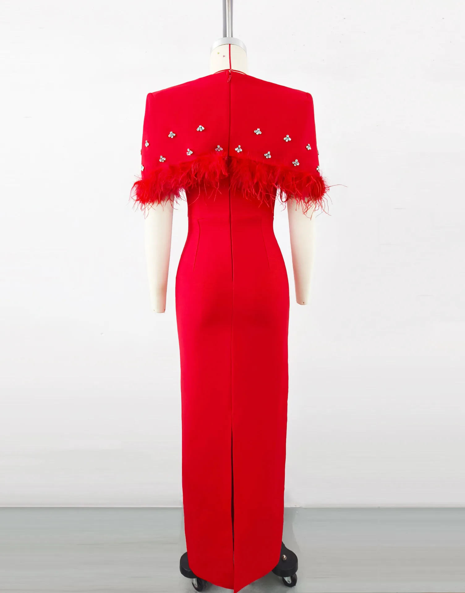 Vestido de noite formal com capa incrustada de diamantes e penas, vestido de noite formal para outono, banquete, socialite, ocasião especial