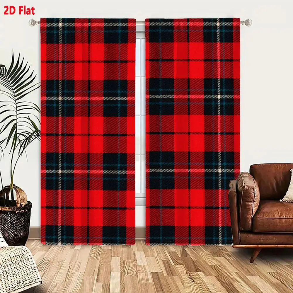 2Pcs Curtains 2D Flat Classic Tartan Red Navy Blue Plaid Pattern Seamless Textile Print Window Drapes for Bedroom Room Decor Dec