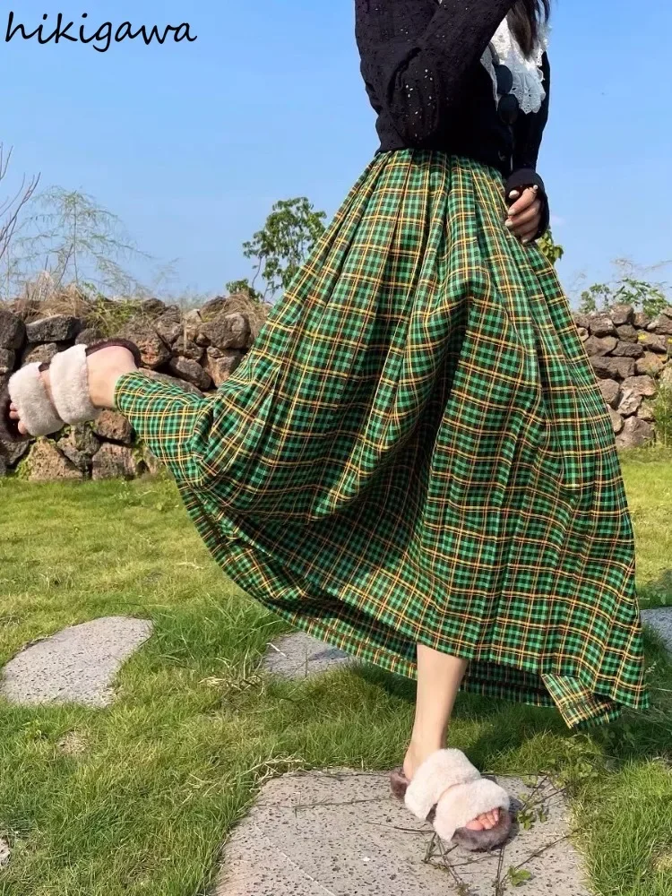 Pleated Skirts Women's Clothing High Waist A-line Saia Vintage Korean Summer Jupe 2024 Faldas Mujer De Moda Loose Plaid Skirt