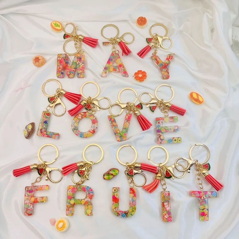 

Fashion Tassel Fruit Resin Alphabet Keychain Letter Pendant Keyring Cute Key Ring Chain Gift Car Handbag A-Z Charm Popular