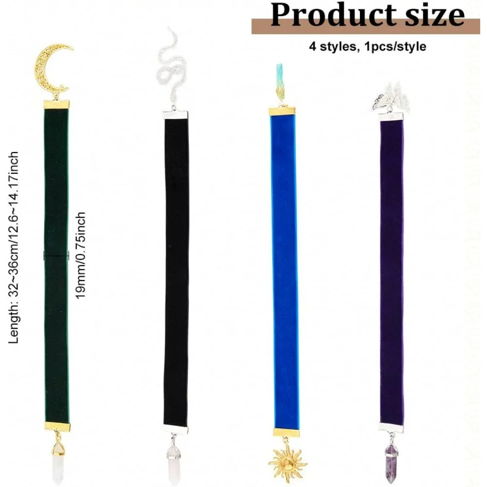 4 Colors Velvet Ribbon Bookmark 12.6~14.2 inch Vintage Metal Charm Bookmark with Quartz Crystal/Amethyst/Butterfly/Moon/Sun