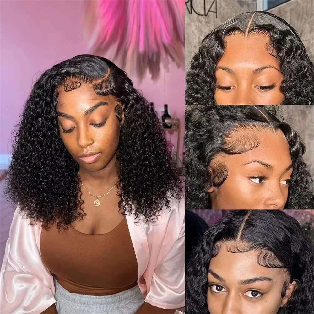 8-16 Inch Bob Curly Human Hair Wigs 13x4 HD Lace Frontal Wig Bouncy Deep Wave Texture Natural Black Human Hair Wigs Pre Plucked Bangs For Daily Wear view 4