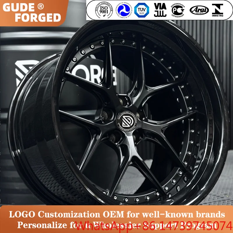 20-24 Inch Black Machined Lip Rivet Design Two-Piece Forged Alloy Wheels Custom Sports Car RimsTUV Approved Wheels High Strength